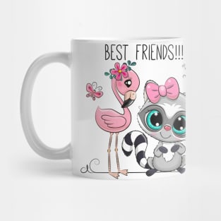 Cute raccoon and pink flamingo. Good friends are animals. Mug